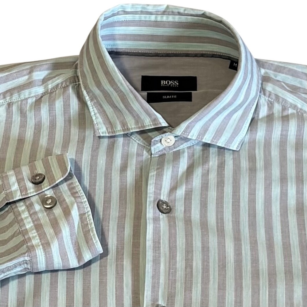 Hugo Boss Button Down Shirt Mens M Blue Grey Striped Slim Fit Ridley_44F